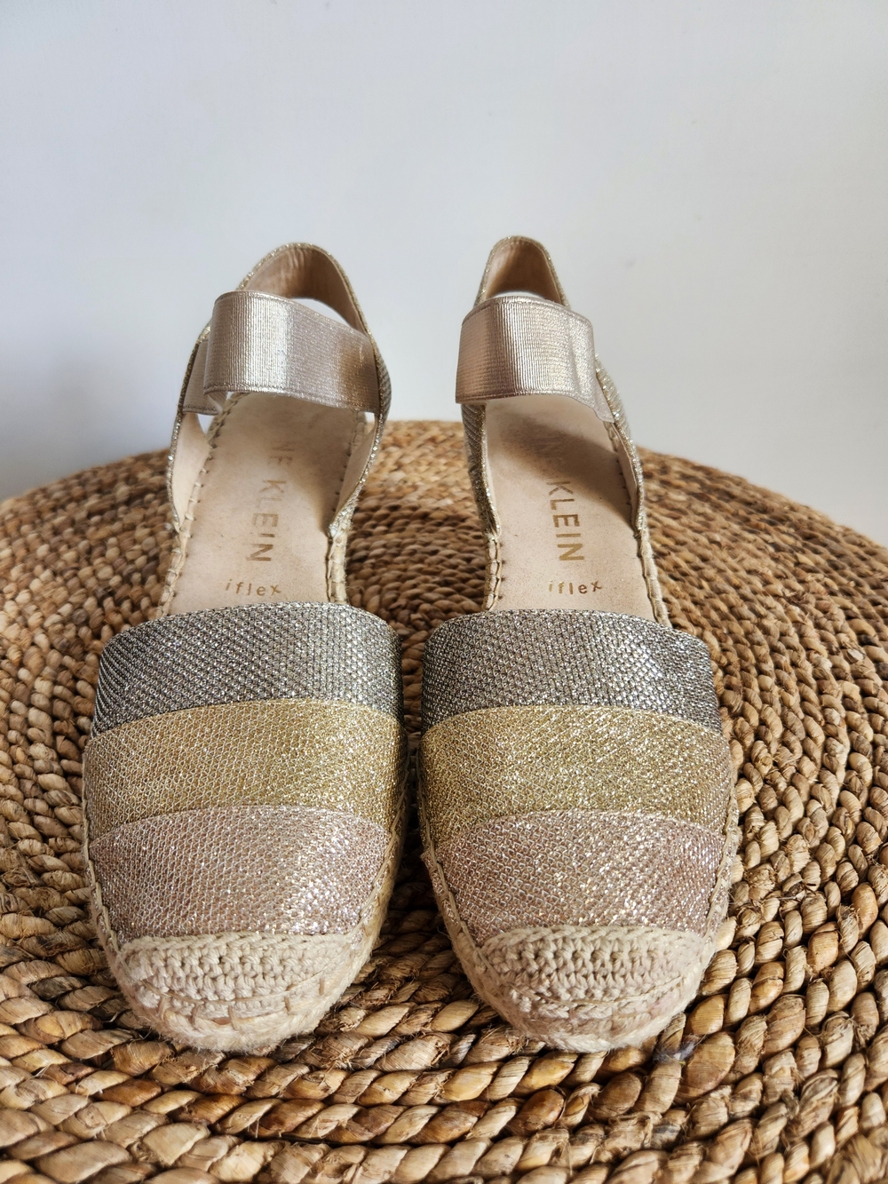 Anne Klein Metallic Tri-Stripe Espadrille Wedges - Silver, Gold, Champagne